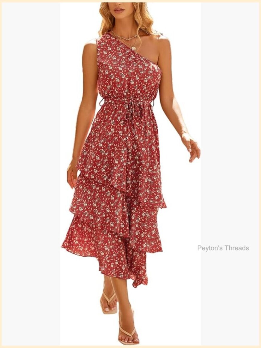 One Shoulder Tiered Ruffle Flowy Midi Beach Summer Dress